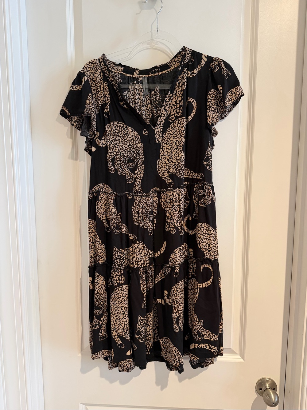 Anthropologie Black Dress with Cream Leopard Motif